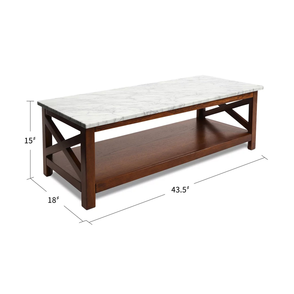 44" Rectangular White Marble Coffee Table with Solid Wood Legs L834