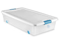 56 qt Wheeled Latching Storage Box, Clear Bottom with White Lid and Blue Latches A426