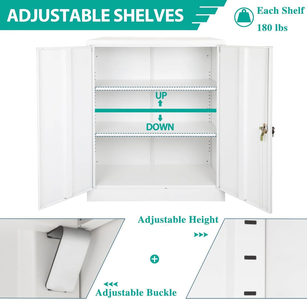 42 In White Metal Storage Cabinet with Locking Doors and 2 Adjustable Shelves E5059