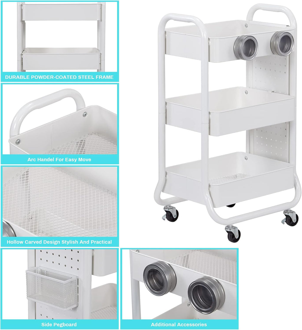 3-Tier Rolling Utility Cart with Handle White L921