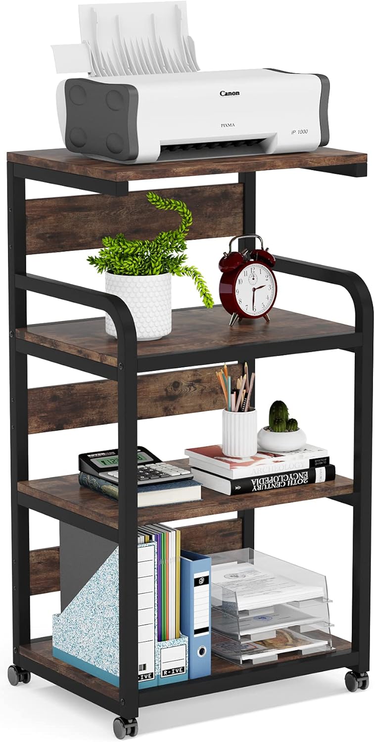 White 4-Shelf Mobile Printer Stand with Storage Shelves on Wheels L9938