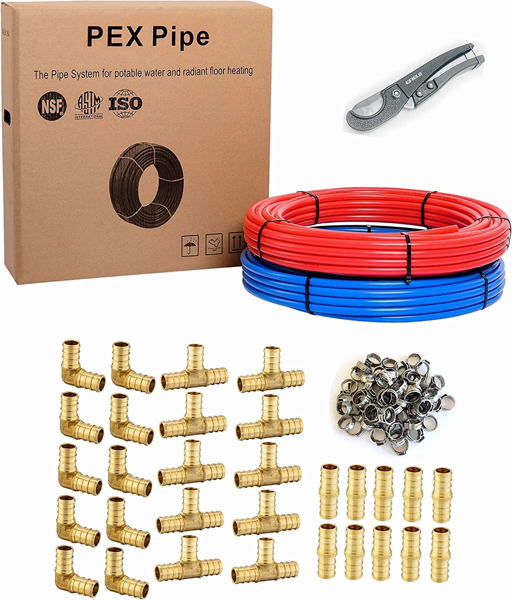2 Rolls x 100 ft 1/2 Inch Pex-b Pipe/Tubing with Brass Fittings, Crimp Rings, Pipe Cutter N7629
