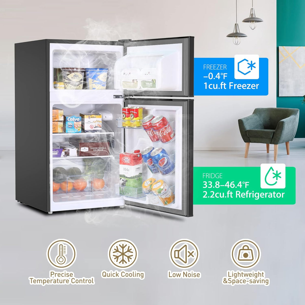 3.2 Cu.Ft Compact Refrigerator with Freezer, Black U888772