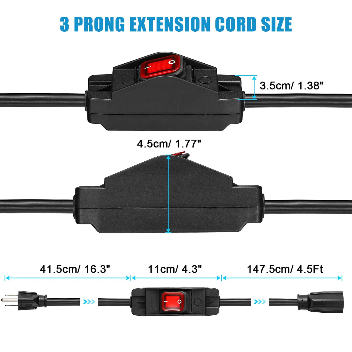 6.6Ft Outdoor Extension Cord with Waterproof Switch 1875W 14AWG 3 Prong V100