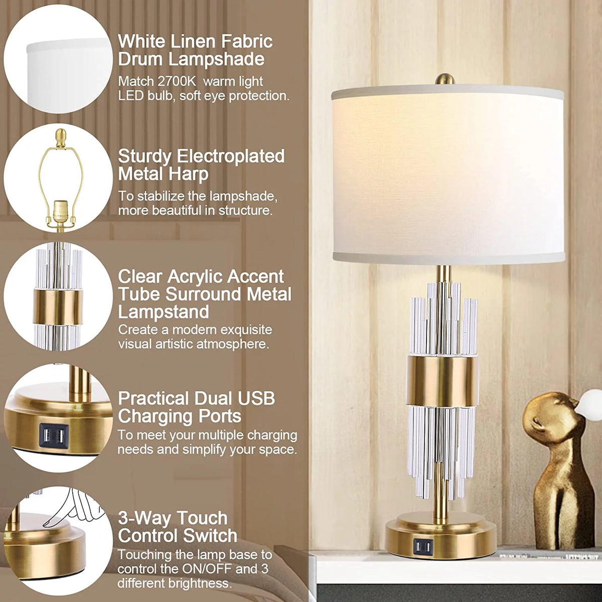 25.5" Gold Metal Touch Control Table Lamp with USB Ports T846