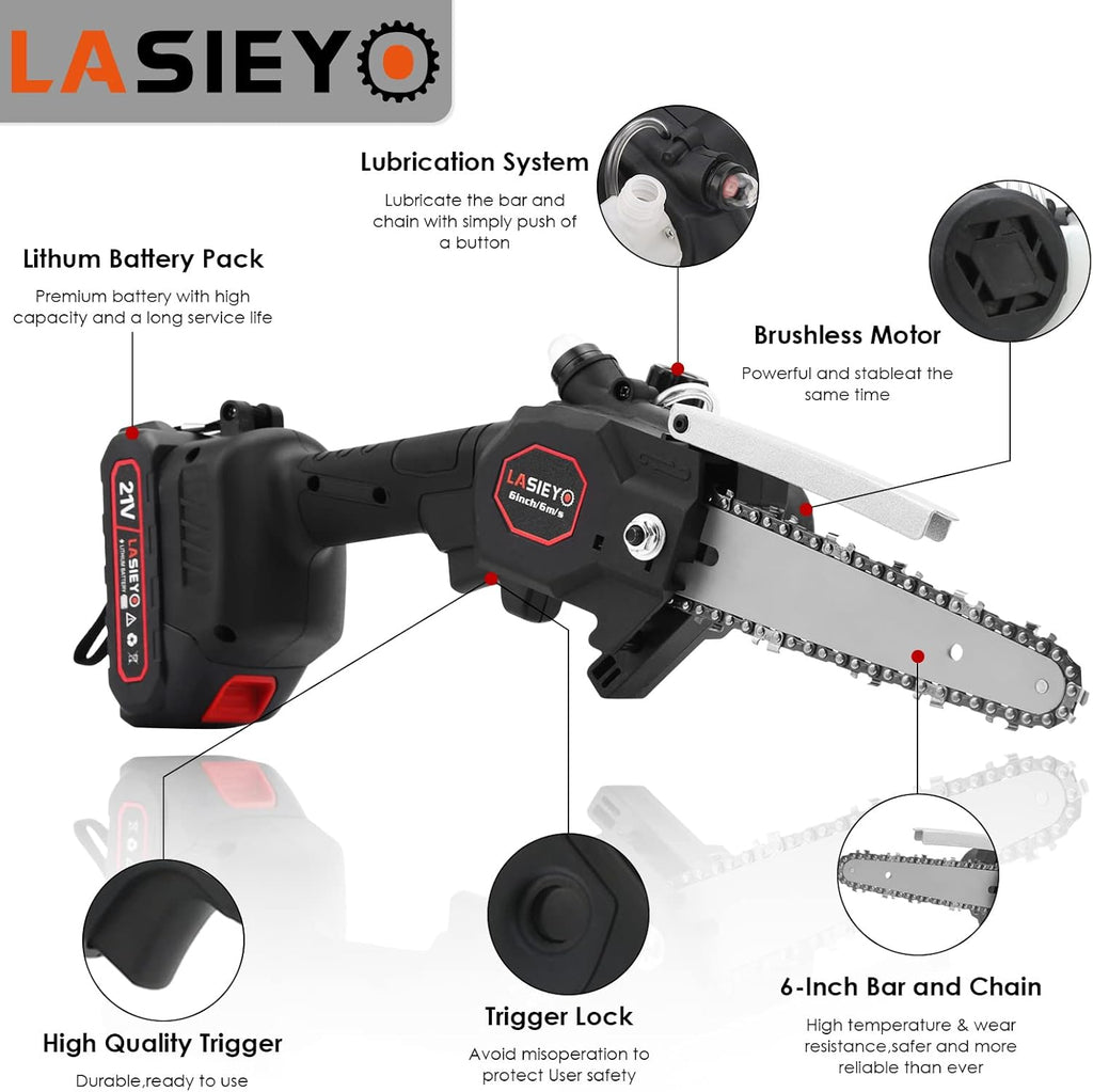 Cordless 6 Inch Brushless Mini Chainsaw with Oil System, 2Pcs 21V 2.0Ah Batteries D18739
