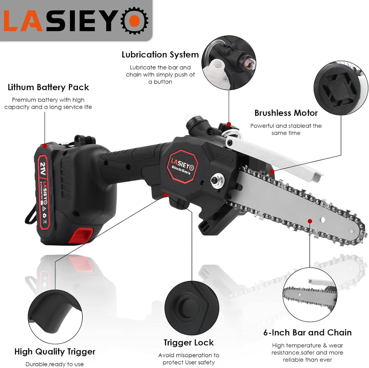 Cordless 6 Inch Brushless Mini Chainsaw with Oil System, 2Pcs 21V 2.0Ah Batteries D18739