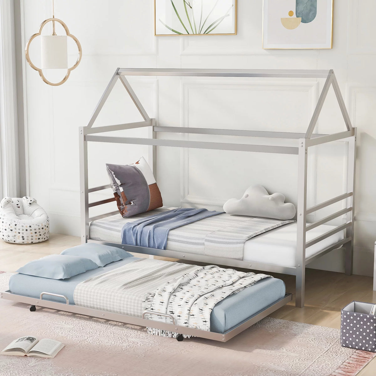Twin Size Metal House Bed with Trundle V81634