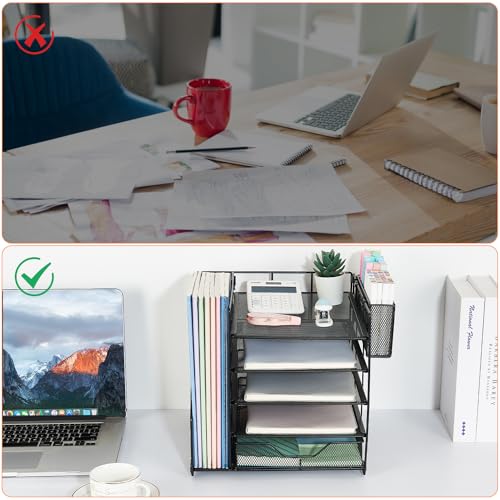5-Tier Paper Letter Tray Organizer with Drawer and Pen Holder (Black) R6153