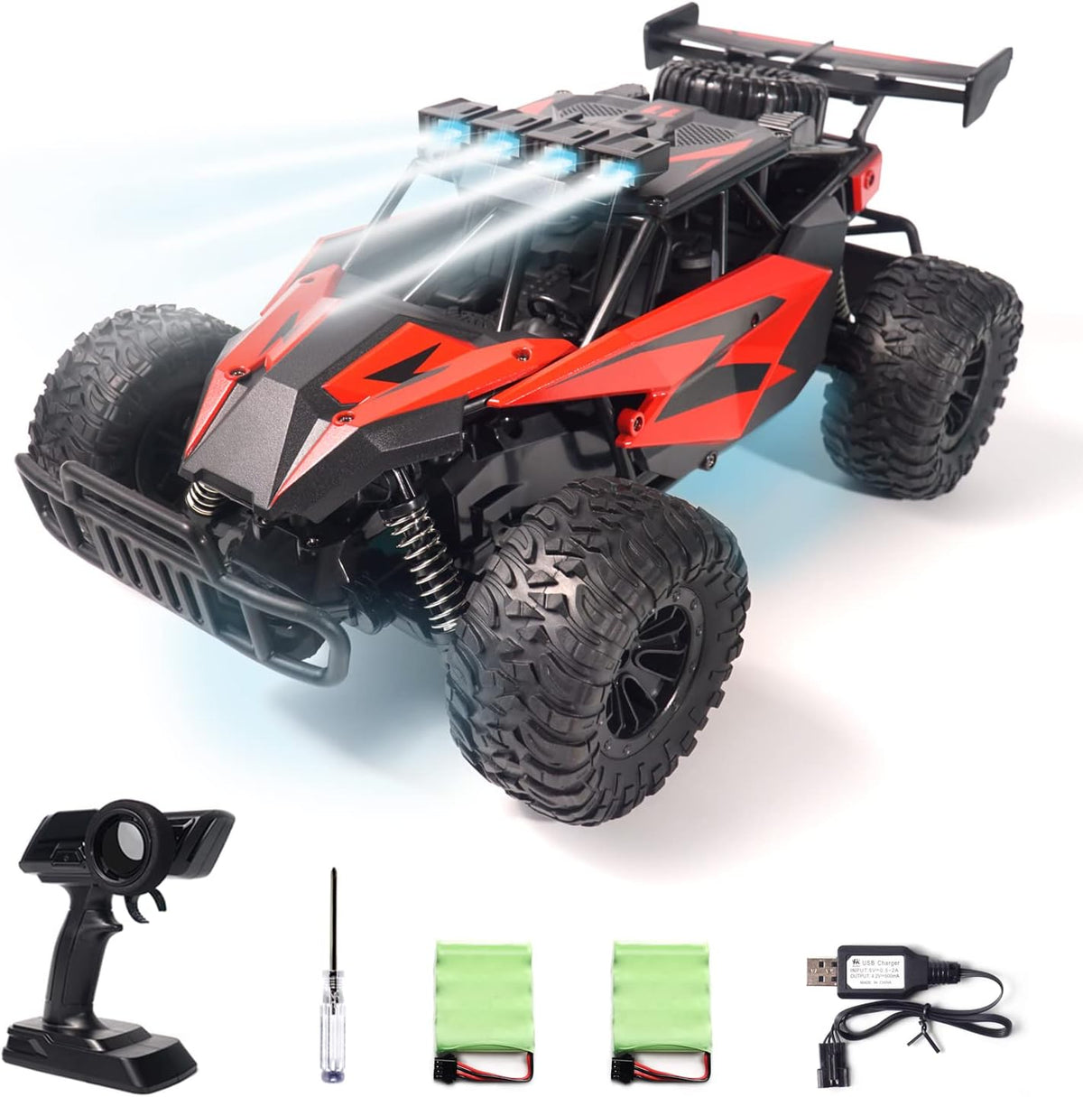 2WD 1:14 Scale Remote Control Car, LED Roof Headlight & Chassis Light, 35km/h, Red, Pack of 2 J4662