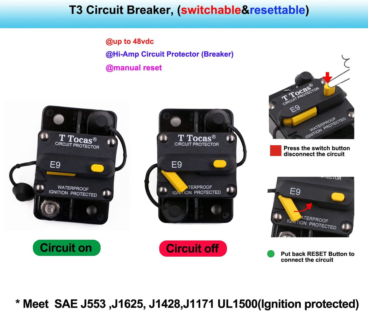 40 Amp Surface-Mount Circuit Breaker with Manual Reset Switch Button, 12V - 48V DC, Waterproof 40A N820