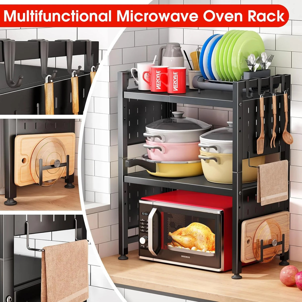 3-Tier Heavy Duty Microwave Stand with 9 Hooks and Cutting Boards V836