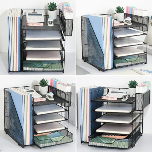 5-Tier Paper Letter Tray Organizer with Drawer and Pen Holder (Black) R6153