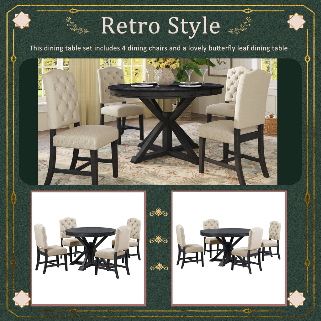 5 Piece Espresso Round Wood Dining Table Set with 4 Upholstered Chairs P8659