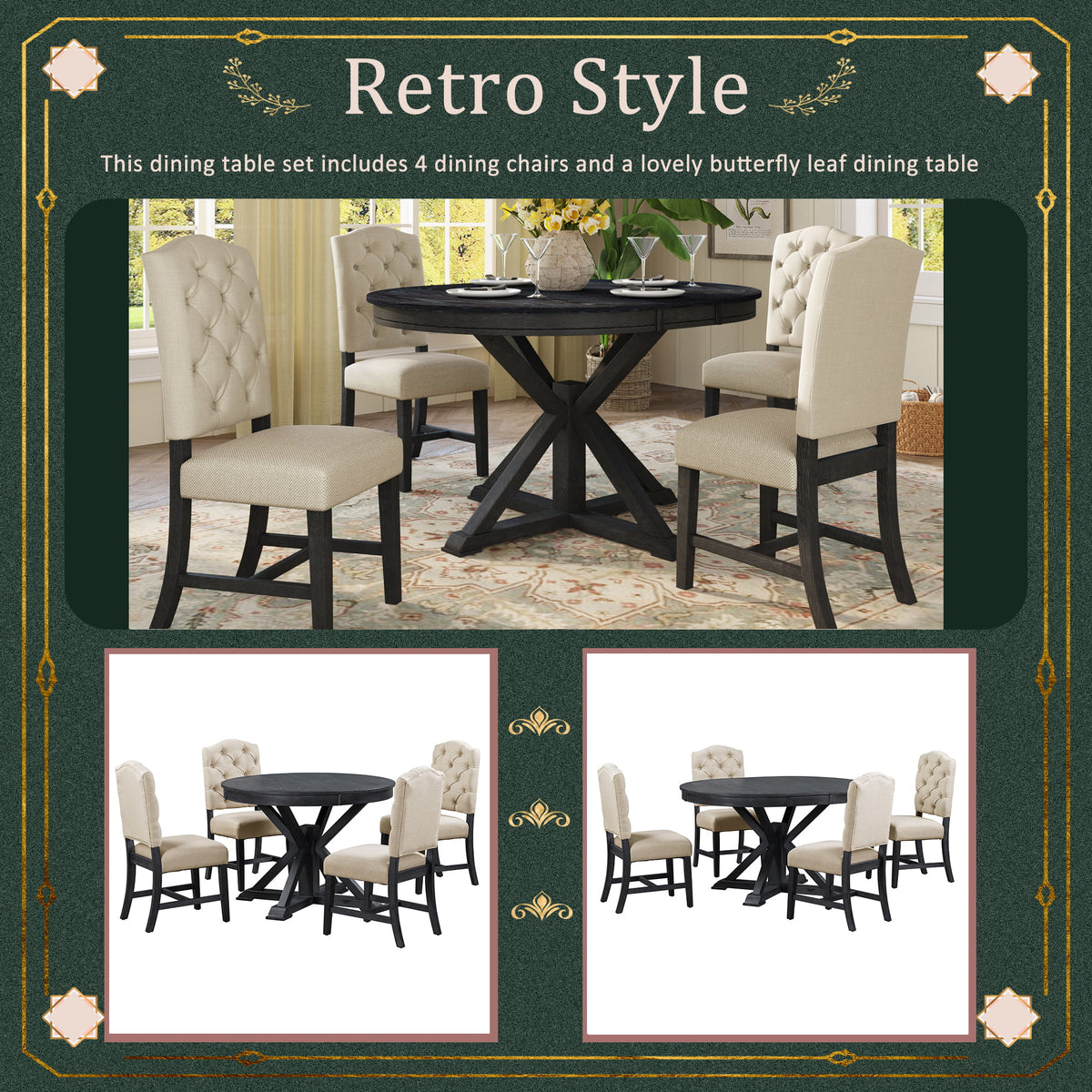 5 Piece Espresso Round Wood Dining Table Set with 4 Upholstered Chairs P8659
