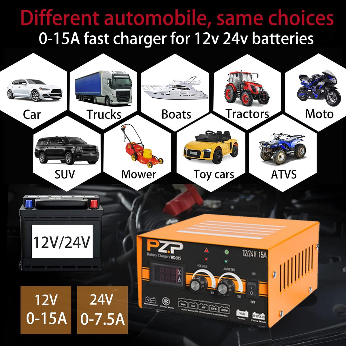 24v Manual 15-Amp Automotive Battery Charger and Maintainer M905