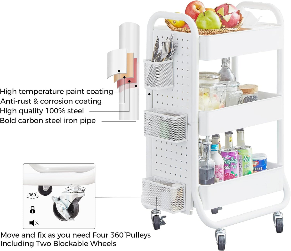3-Tier Rolling Utility Cart with Handle White L921