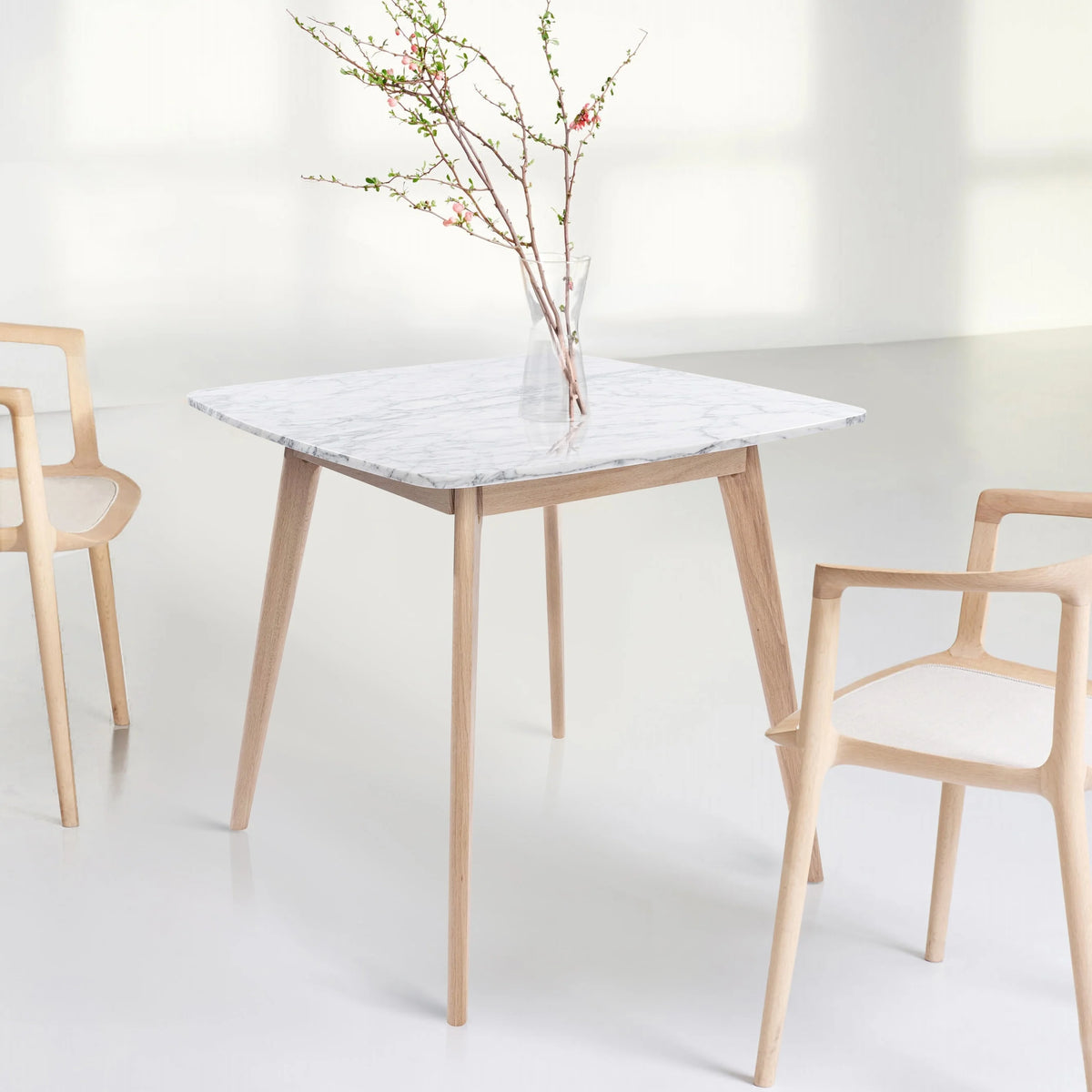 31" Square White Marble Dining Table with Oak Legs N48866