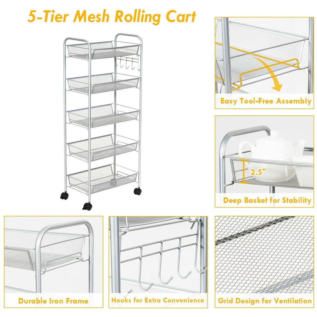 5 Tier Mesh Rolling Utility Cart Grey A242579