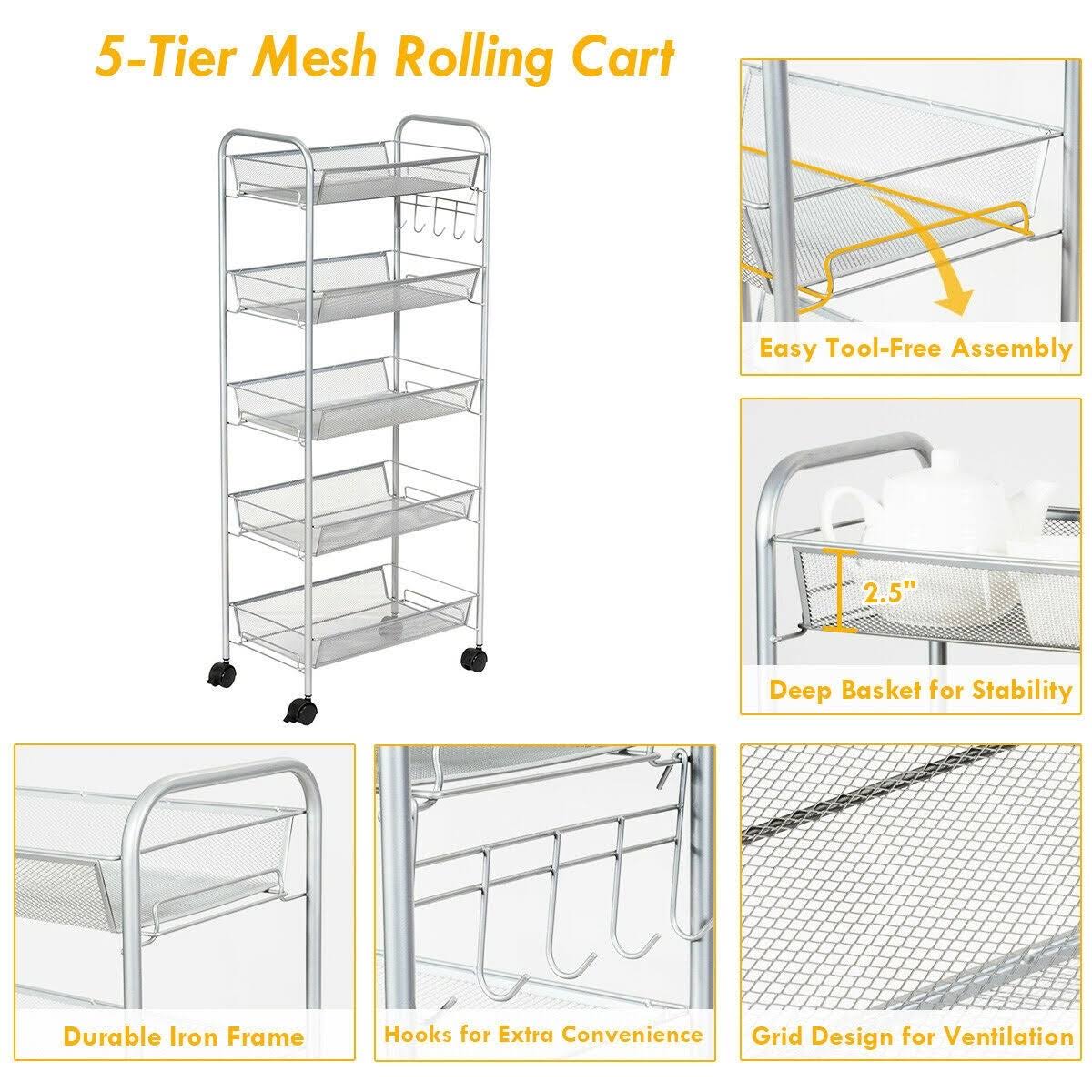 5 Tier Mesh Rolling Utility Cart Grey A242579