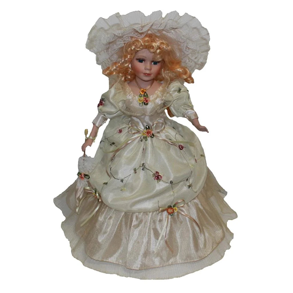 40cm Porcelain Doll with Curly Hair, Umbrella and Clothing Collectible Toy Y6245