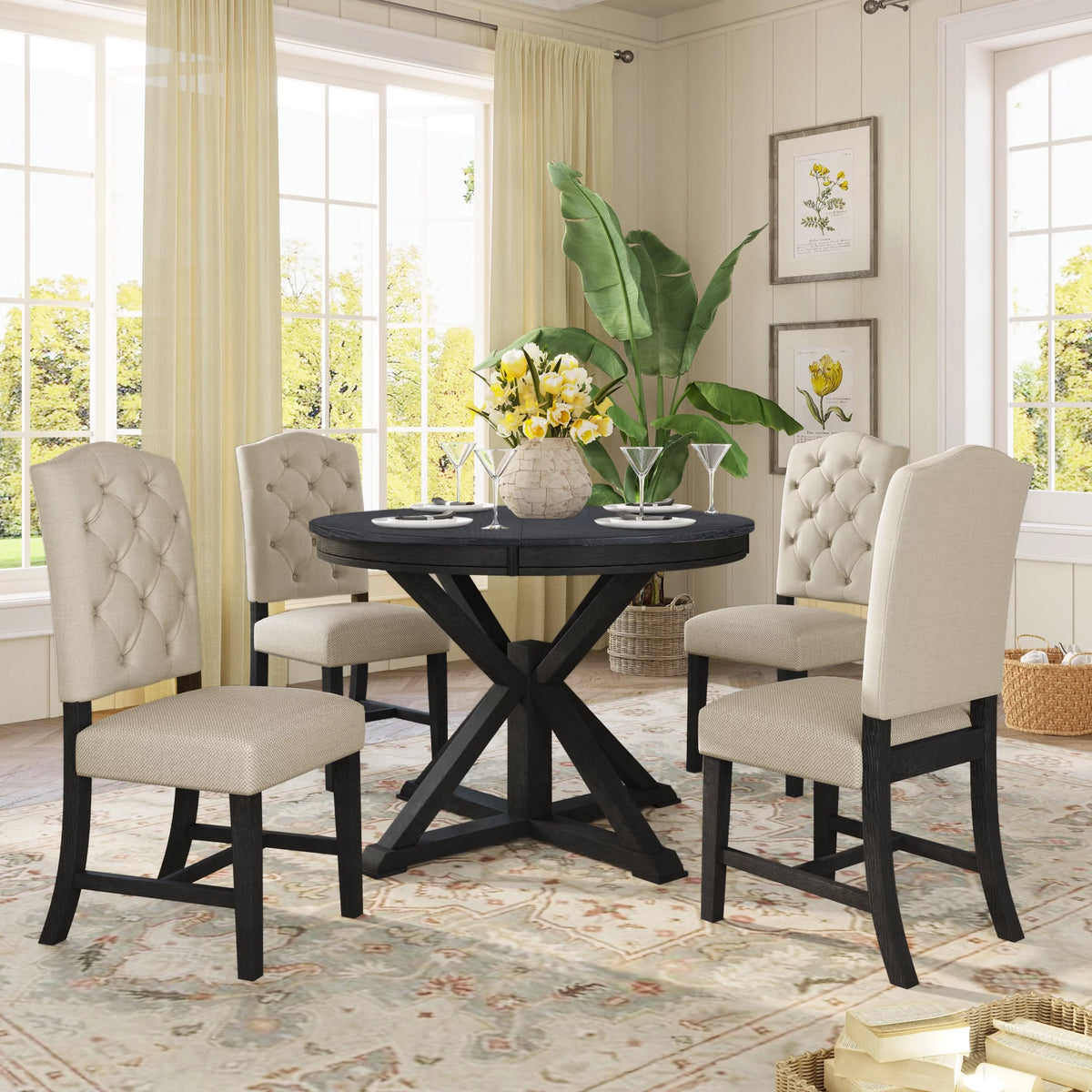 5 Piece Espresso Round Wood Dining Table Set with 4 Upholstered Chairs P8659