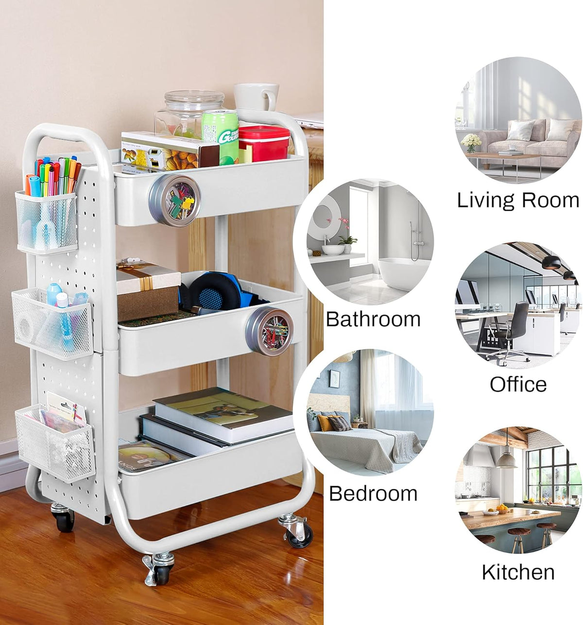 3-Tier Rolling Utility Cart with Handle White L921