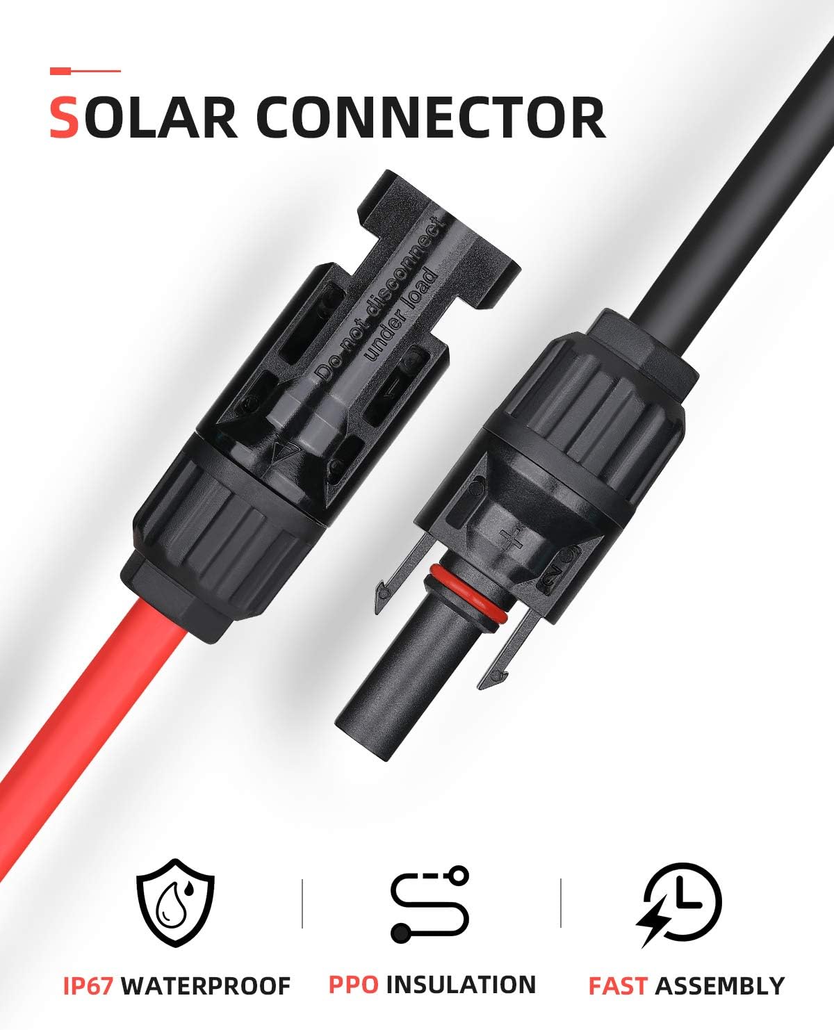 40 Feet 10AWG Solar Extension Cable with Female and Male Connector, Pack of 2 B6739