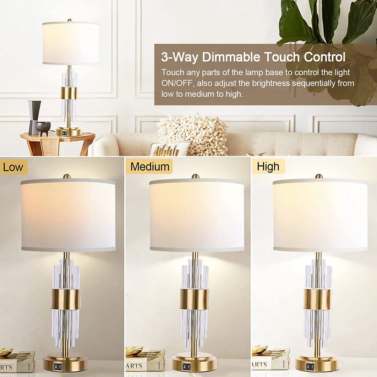 25.5" Gold Metal Touch Control Table Lamp with USB Ports T846