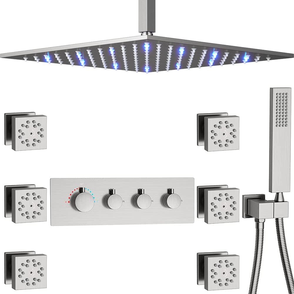 16 Inch LED Polished Chrome Ceiling Mounted Brass Shower System with Body Jets Z737174