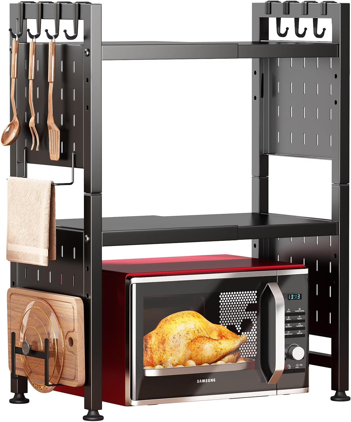 3-Tier Heavy Duty Microwave Stand with 9 Hooks and Cutting Boards V836