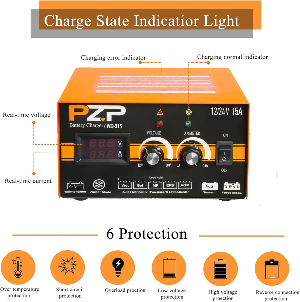 24v Manual 15-Amp Automotive Battery Charger and Maintainer M905