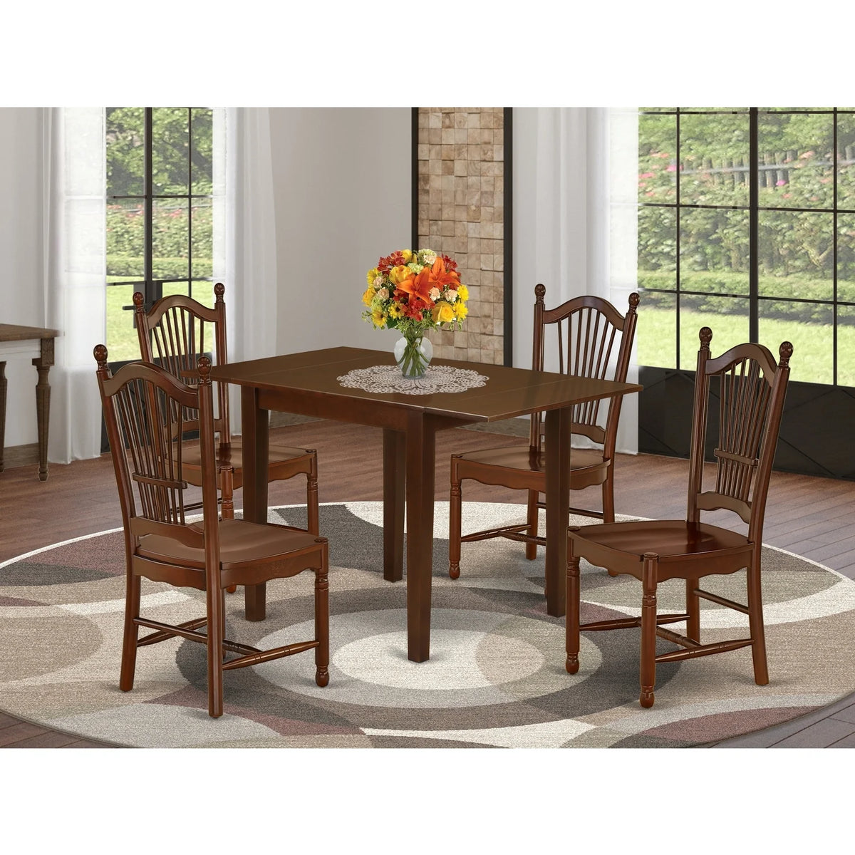 5 Pcs Mahogany Finish Solid Wood Dining Room Table Set L17019