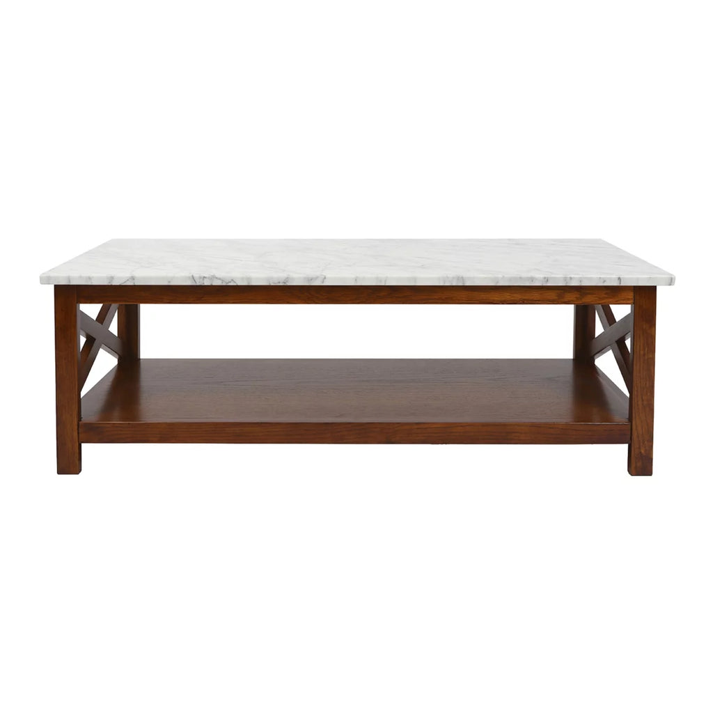 44" Rectangular White Marble Coffee Table with Solid Wood Legs L834