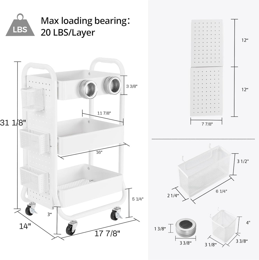 3-Tier Rolling Utility Cart with Handle White L921