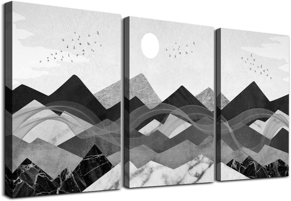 3 Piece Framed Canvas Wall Art Black and White Abstract Geometric Mountains W989
