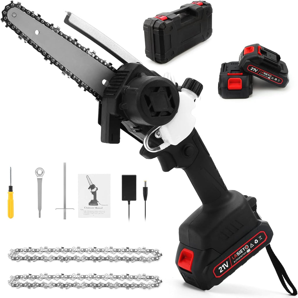 Cordless 6 Inch Brushless Mini Chainsaw with Oil System, 2Pcs 21V 2.0Ah Batteries D18739