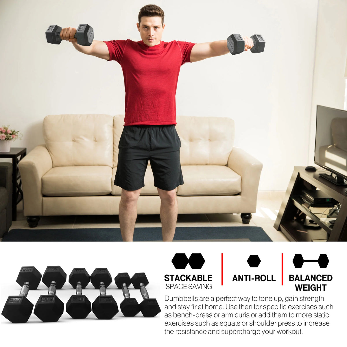 5, 8, 10, 12 and 15 Pound Hexagonal Dumbbell Weight Set with Rack D1906