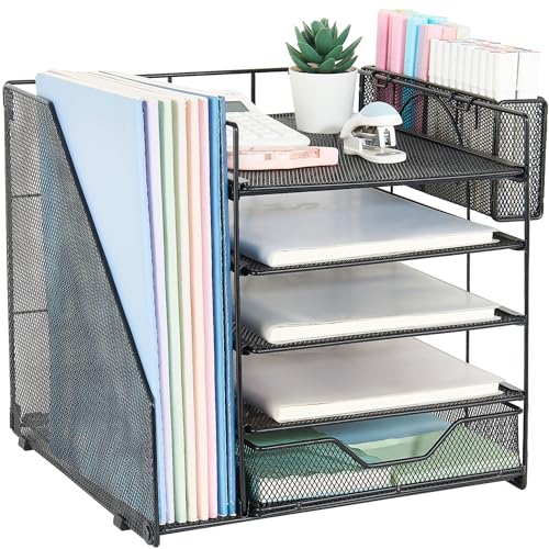 5-Tier Paper Letter Tray Organizer with Drawer and Pen Holder (Black) R6153