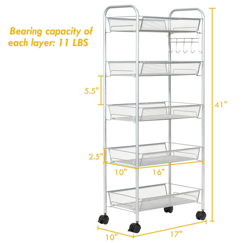 5 Tier Mesh Rolling Utility Cart Grey A242579