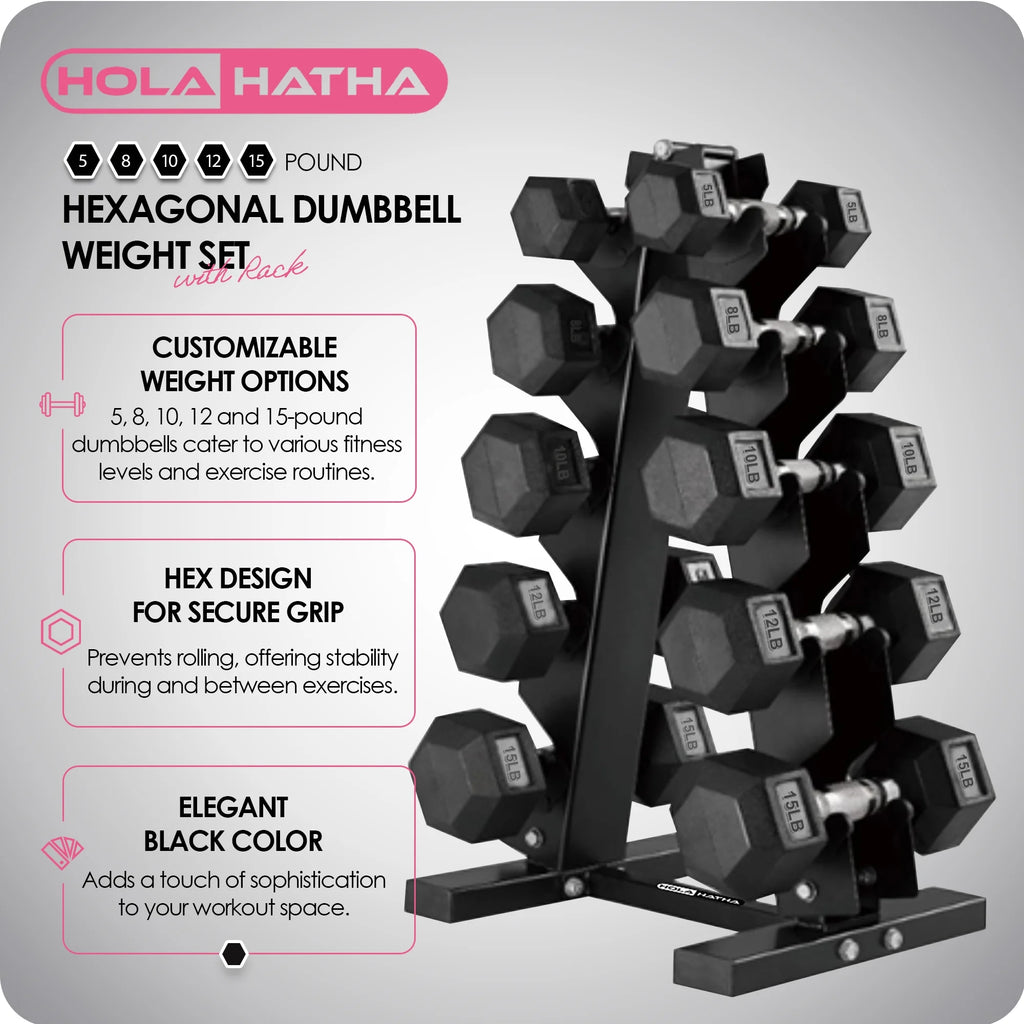 5, 8, 10, 12 and 15 Pound Hexagonal Dumbbell Weight Set with Rack D1906