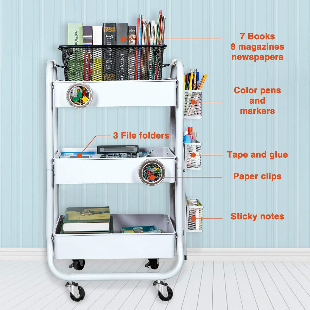 3-Tier Rolling Utility Cart with Handle White L921