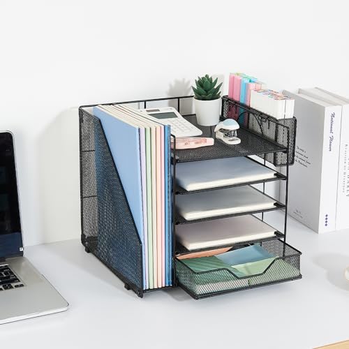 5-Tier Paper Letter Tray Organizer with Drawer and Pen Holder (Black) R6153