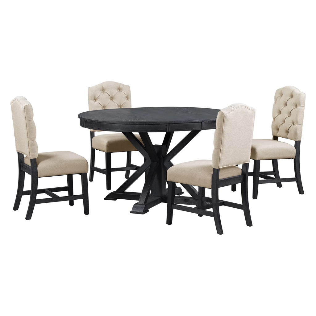 5 Piece Espresso Round Wood Dining Table Set with 4 Upholstered Chairs P8659
