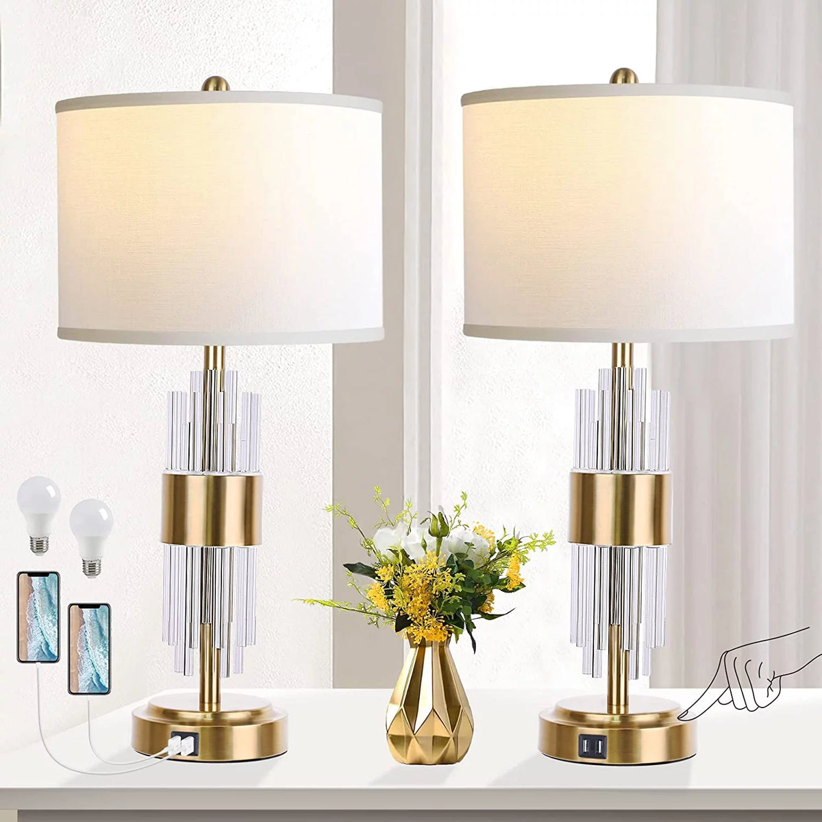 25.5" Gold Metal Touch Control Table Lamp with USB Ports T846