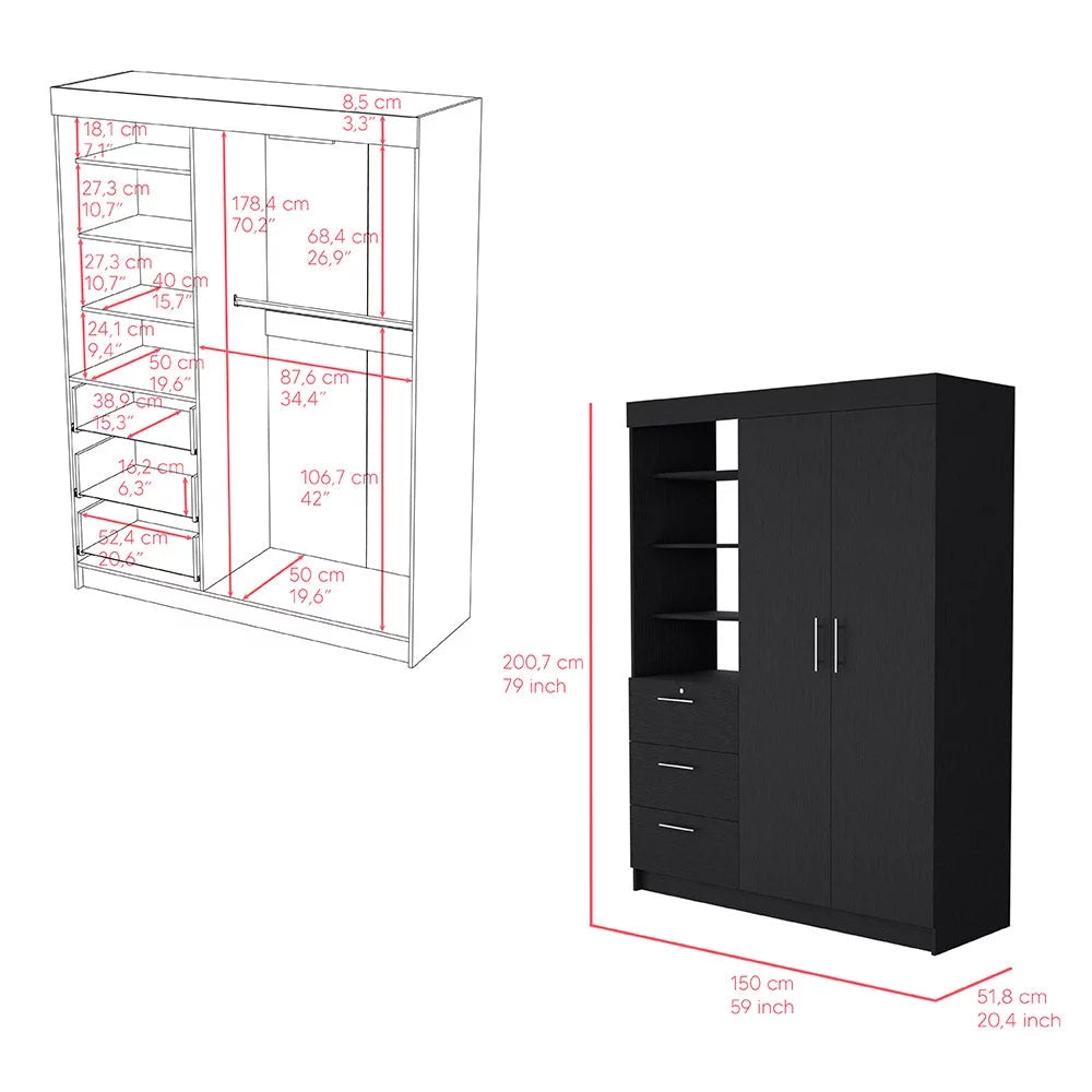 2 Piece Bedroom Set Armoire and Nightstand Black Wengue Finish R107