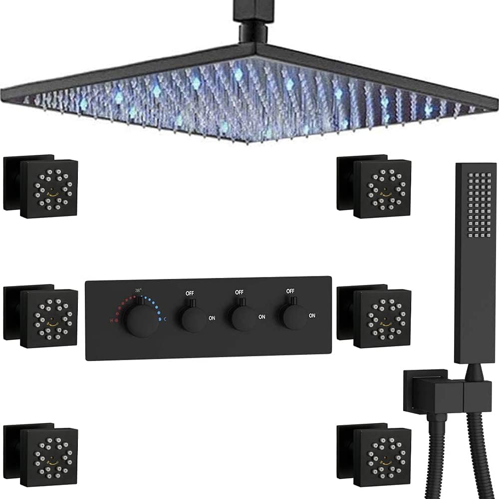 16 Inch LED Polished Chrome Ceiling Mounted Brass Shower System with Body Jets Z737174
