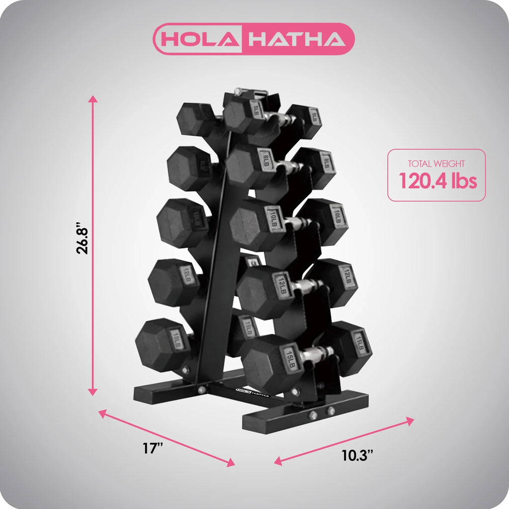 5, 8, 10, 12 and 15 Pound Hexagonal Dumbbell Weight Set with Rack D1906
