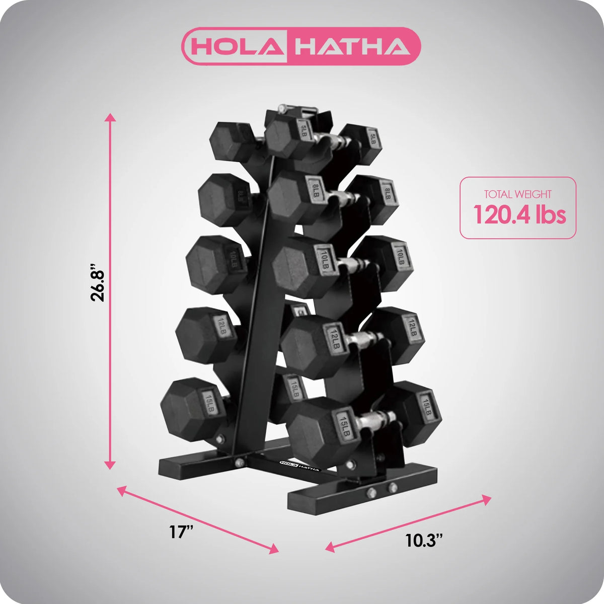 5, 8, 10, 12 and 15 Pound Hexagonal Dumbbell Weight Set with Rack D1906
