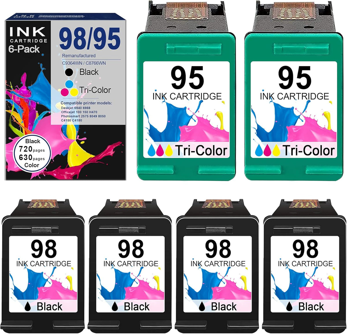 4 Pack Black 98 & 2 Pack Tri-Color 95 Remanufactured Ink Cartridge for HP Printer O752185